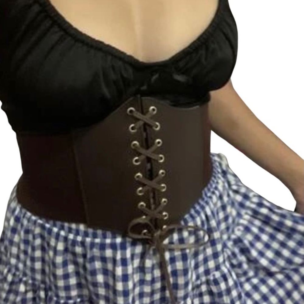 Brown Lace Up Corset Belt Wide Elastic Waist Trainer Cincher Faux Vegan Leather